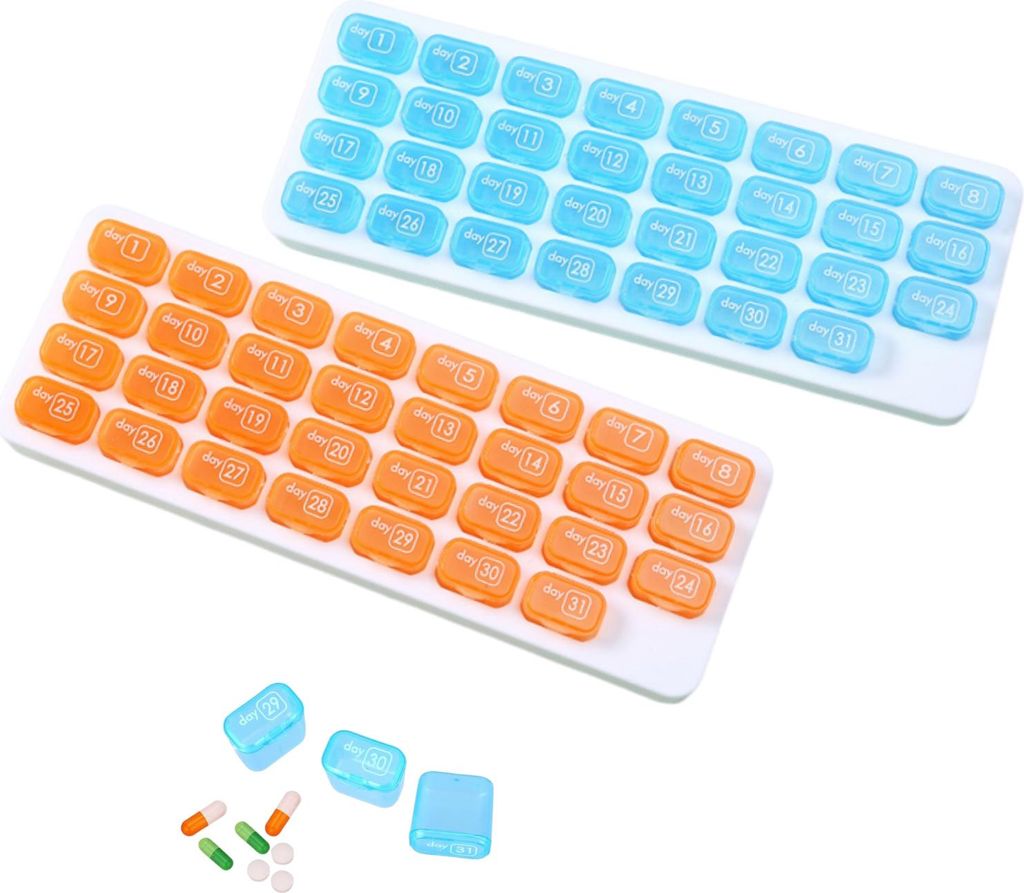 MODFU Pillendosen, 31-Fächer Pillendose im Tastatur-Design, 2er-Set (Blau & Orange), Kleine Medikamentenbox für Tabletten, Reise-Organizer, Prakt...