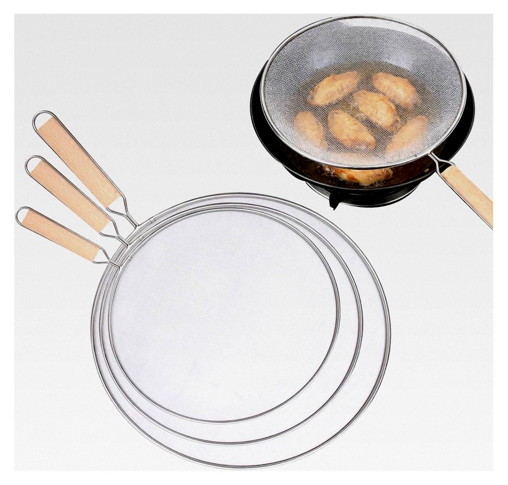 3-teiliges Spritzschutzset für Pfannen (Durchmesser 30/25/21 cm) - Edelstahl Spritzschutz mit Holzgriff und Haken, hitzebeständig, leicht (0,12 k...