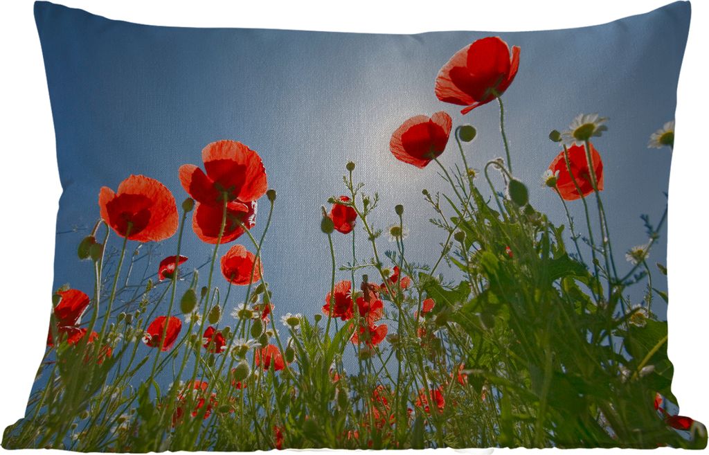 MuchoWow Outdoor Kissen - Strahlende Sonne über einigen Mohnblumen in Spanien - 60x40 cm - Wetterfest - Lounge Kissen - Zierkissen - Kissen für...
