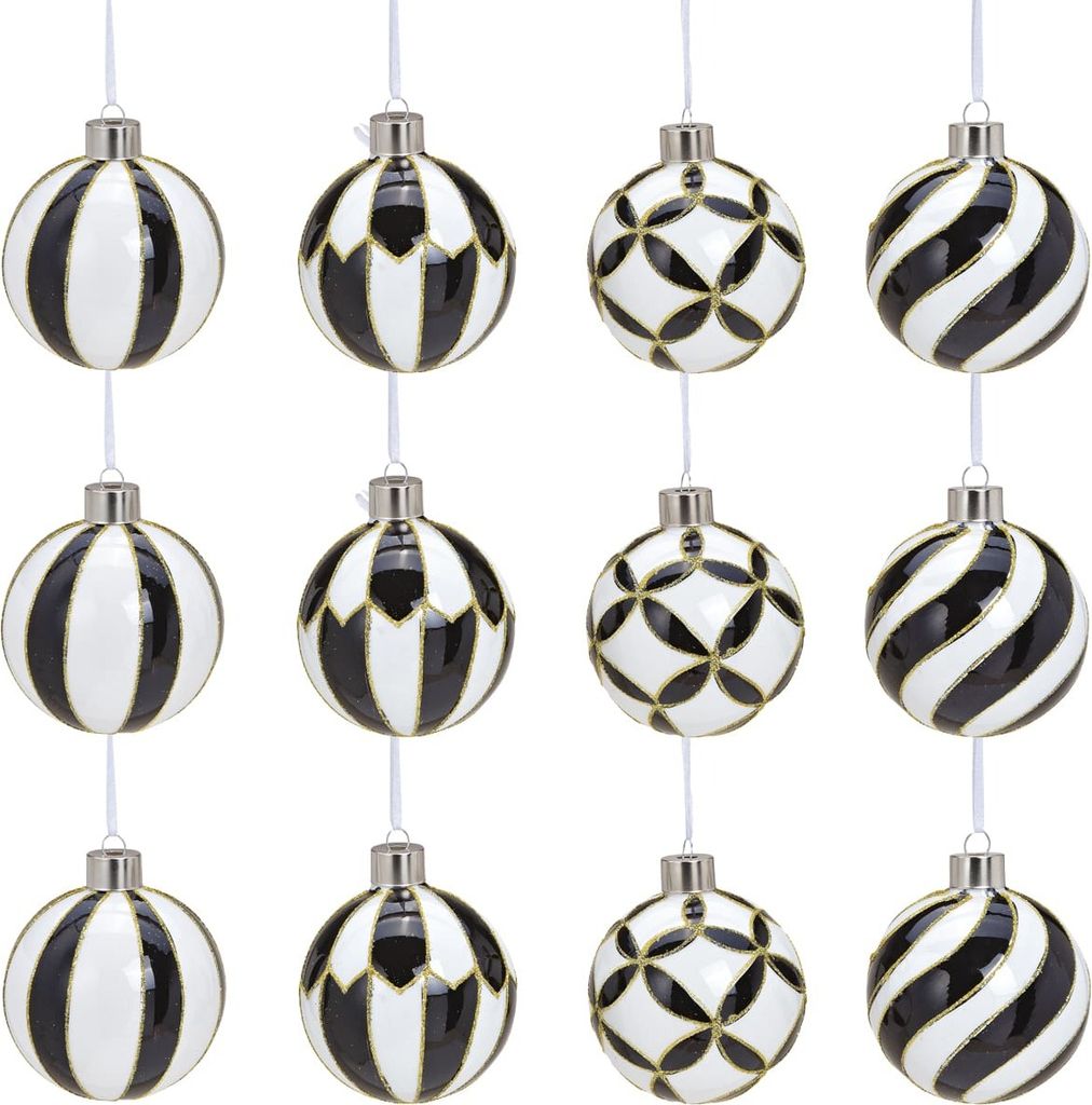 Glas Christbaum-Kugeln 12er Set Christbaum-Schmuck Schwarz Weiß