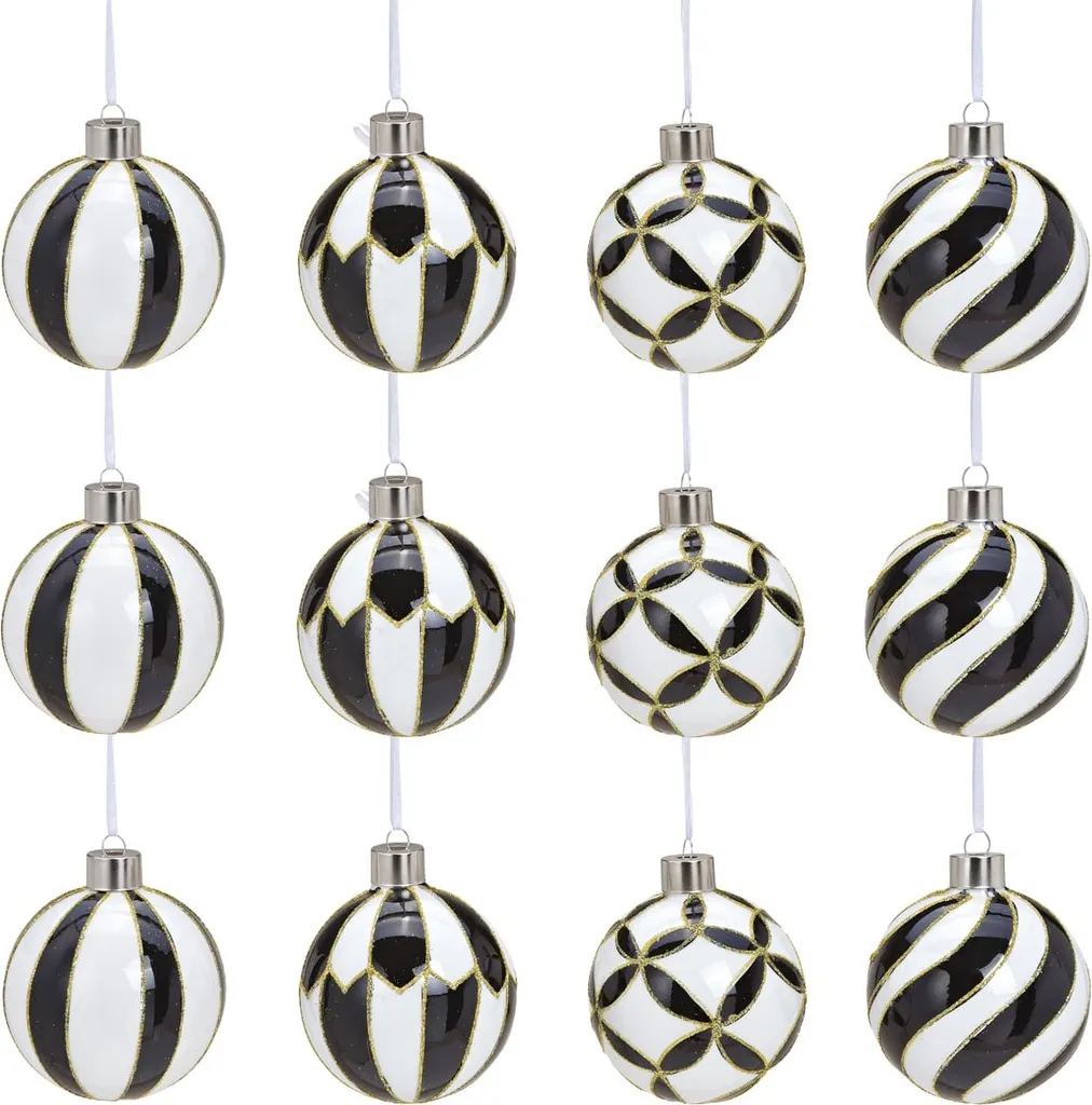 Boules de Noël en Verre Incassables - Set 12 Pièces Noir Blanc Durable