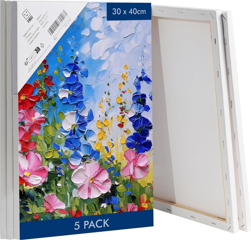 H&S Blanko Leinwände für Acrylfarben und Aquarell - 5er Canvas Set - Weiße Baumwoll Leinwand auf Keilrahmen aus Stabilem Kiefernholz zum Bemalen -