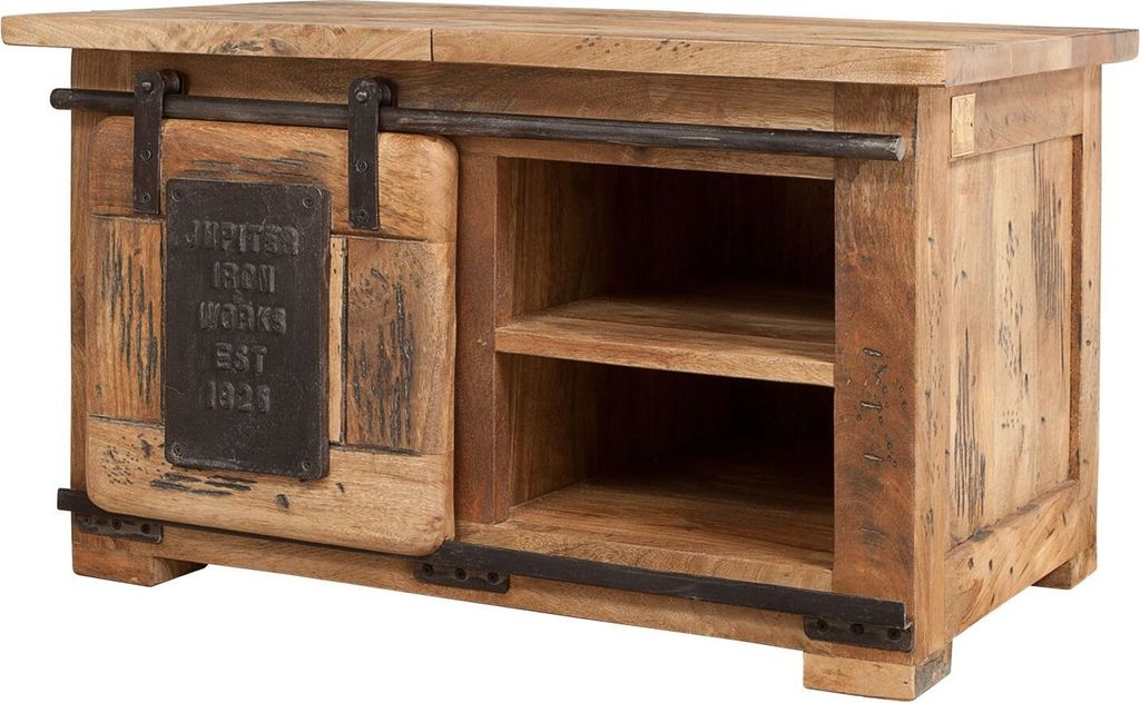 A wooden chest with a sliding door and metal accents.
