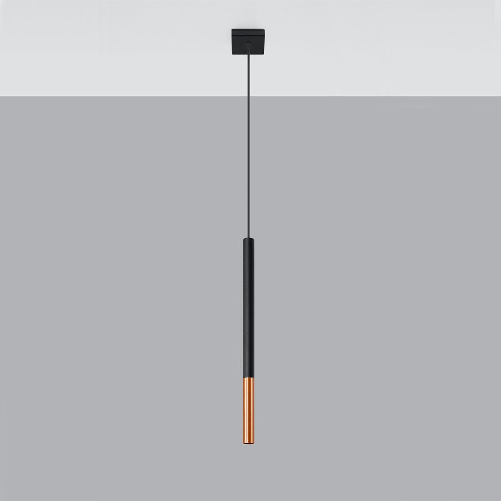A single pendant light fixture hanging from a ceiling against a gray and white background.
