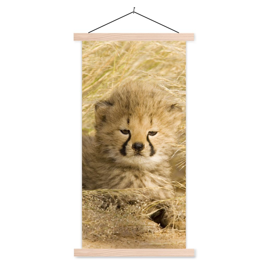 MuchoWow Textilposter Gepard - Jung - Gras 40x80 cm mit holzfarbenen Rahmen - Wohnzimmer