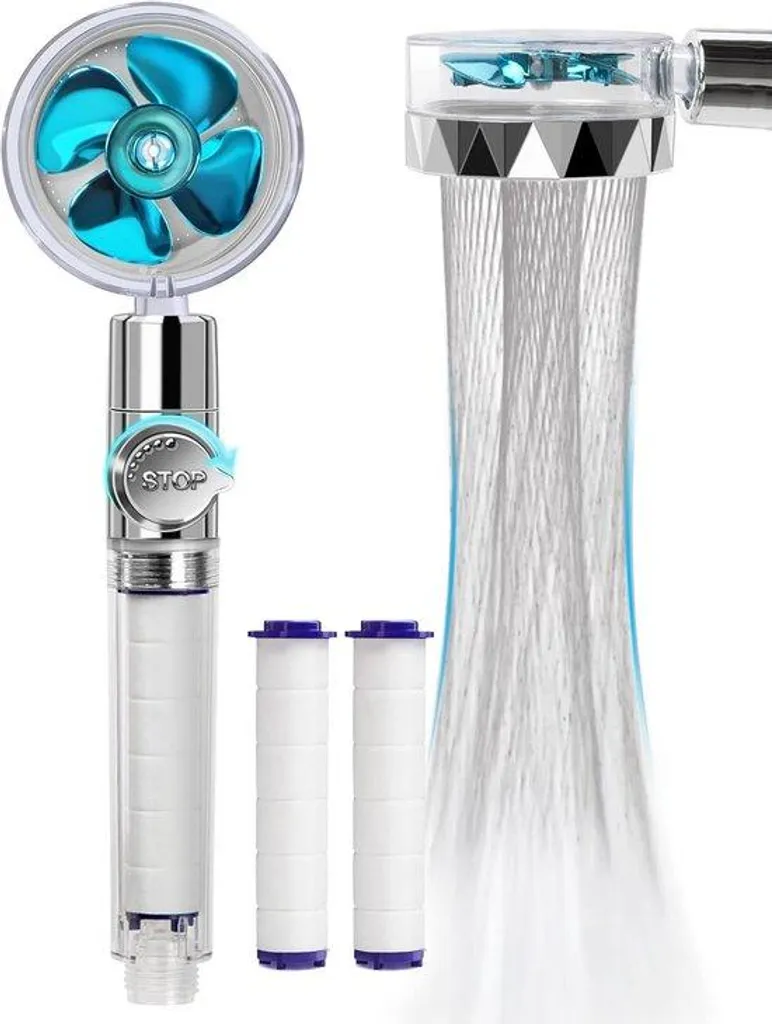 Pommeau de douche 360 turbo bleu avec filtre ionique et bouton d'arrêt