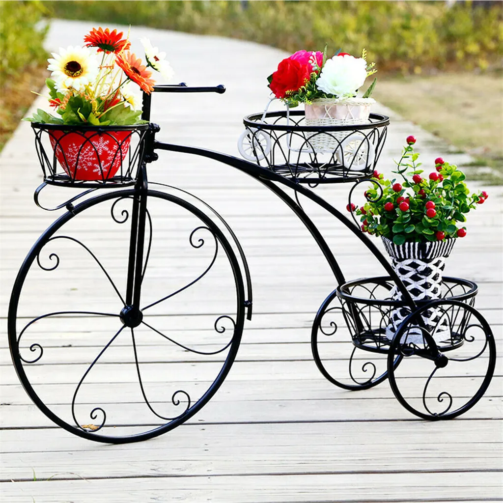 Porte-plante tricycle décoratif en métal noir - Étagère 3 pots de fleurs