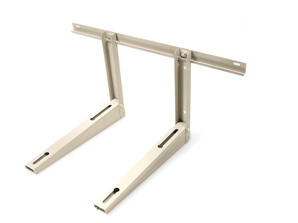 A beige metal bracket for an air conditioning unit, shown against a white background.