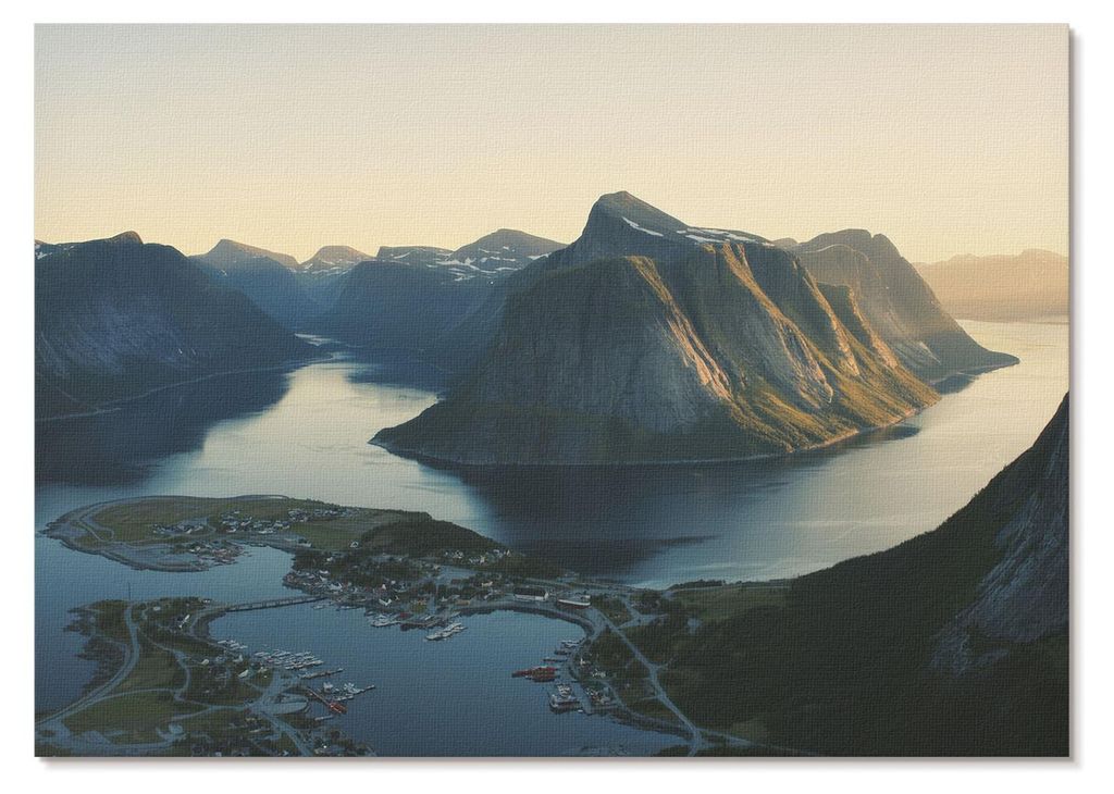 POSTER - 29x21 cm (A4) - Da V. - Fjorde, Berge, Wasser, Sonnenuntergang, Harmonie der Natur - Wandbild für Wohnzimmer Schlafzimmer & Flur, Moderne...