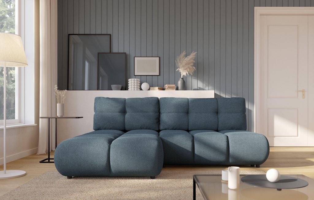 Masseno Ecksofa CORSO L-S mit Schlaffunktion L-Form, Sofa mit Bettkasten, Wohnzimmersofa, Couch, Soffa, Bettsofa, Couchgarnitur- Blau, NOW OR NEVER 77