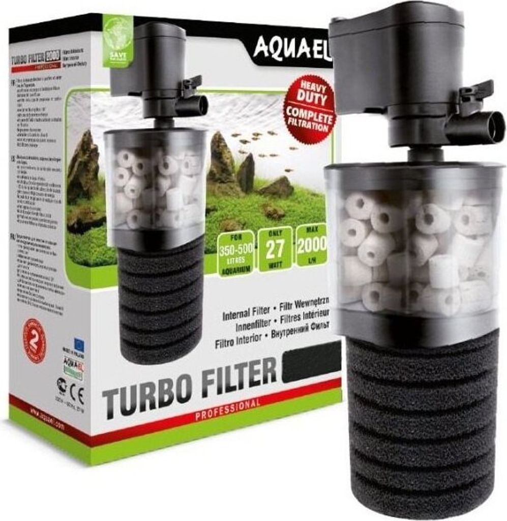 A product box and the product itself, an aquarium filter, are shown. The box has an image of an aquarium on it.