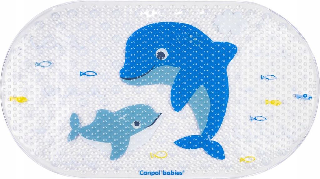 A clear, well-lit studio shot of a blue and white dolphin-themed bath mat.