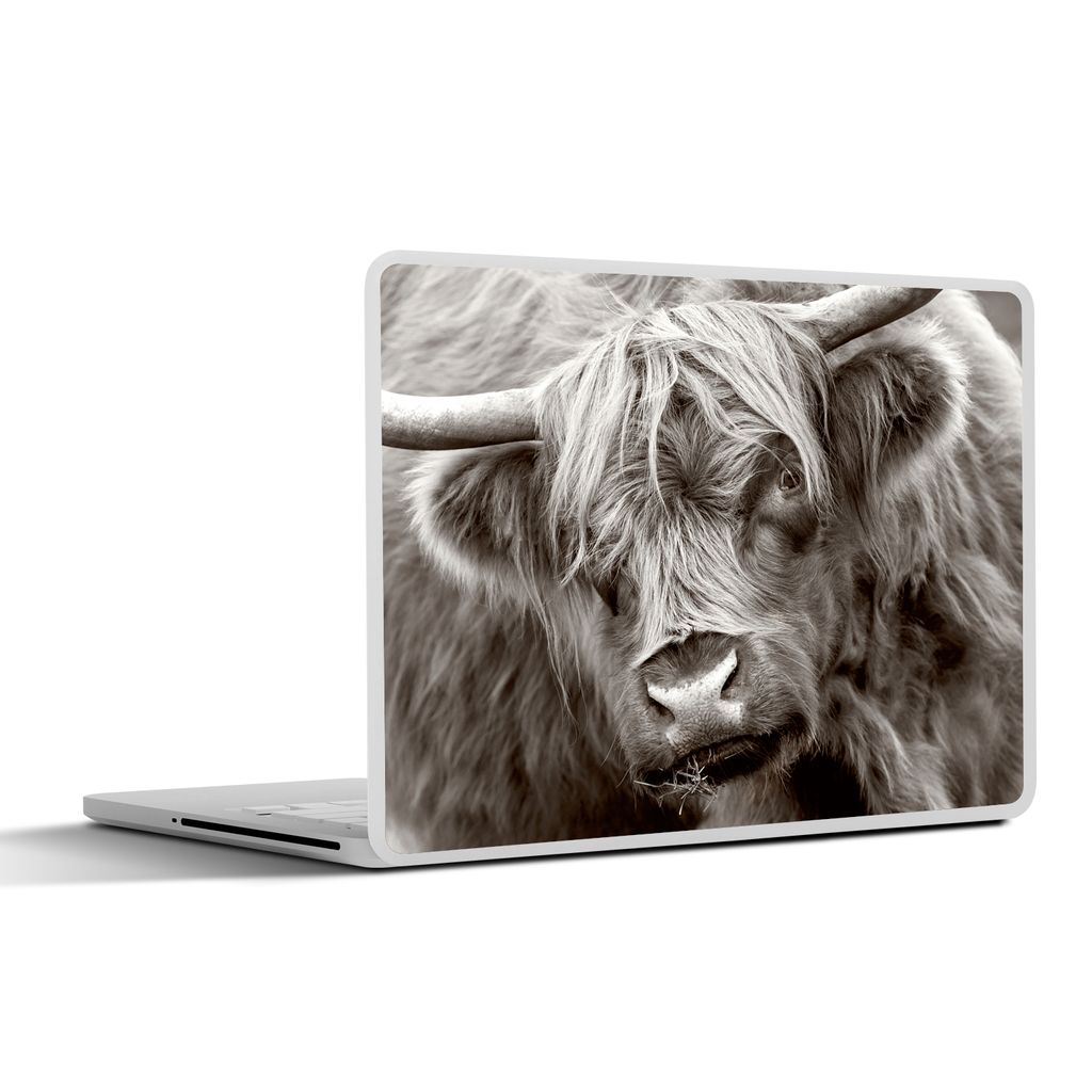 MuchoWow Laptop Aufkleber Sticker Cover Schottischer Highlander - Schwarz - Weiß - Hörner 32.5x23.5 cm - Sticker für Laptop - Selbstklebend