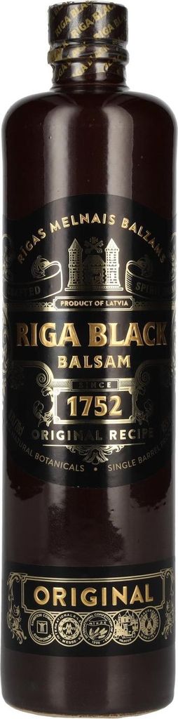 A product shot of a bottle of Riga Black Balsam.