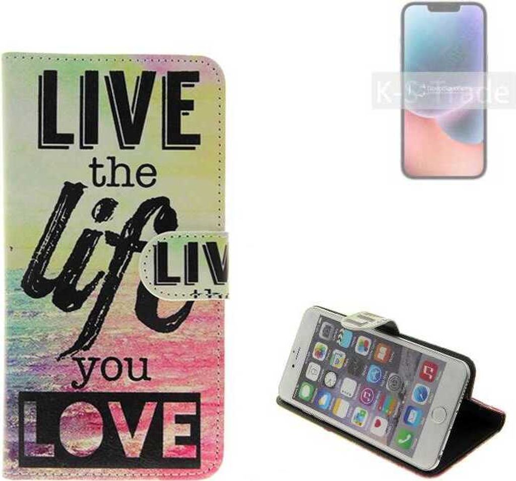 K-S-Trade Schutzhülle Handyhülle kompatibel mit Apple iPhone 14 360° Wallet Case ''live life love'' Klapphülle Tasche Etui Smartphone Flip cover