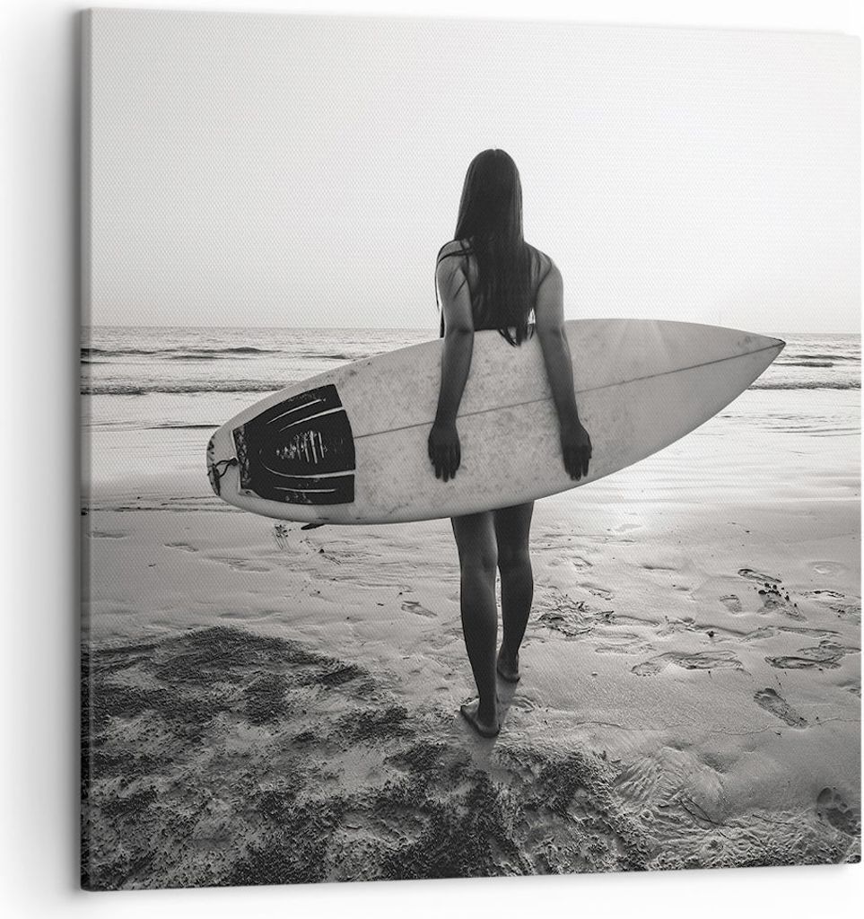 Bild auf Leinwand - Leinwandbild - Einteilig - Frau Strand Surfen - 50x50cm - Wand Bild - Wanddeko - Wandbilder - Leinwanddruck - Bilder - Wanddeko...