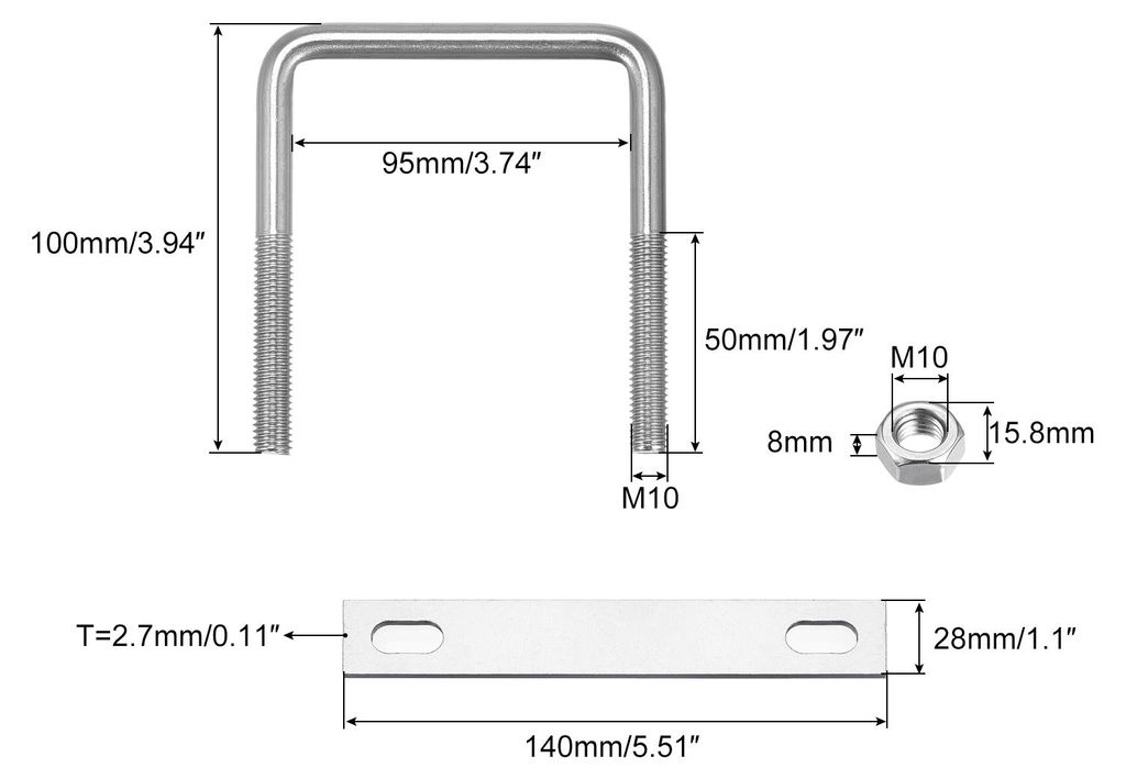 U Bš¹gel 1 Stš¹ck U-Bolzen M10 x 95mm x 100mm Quadratische Bš¹gelschraube 304 Edelstahl U-Bolts mit Mutter Platte Bš¹gelschelle Zaunbefesti...