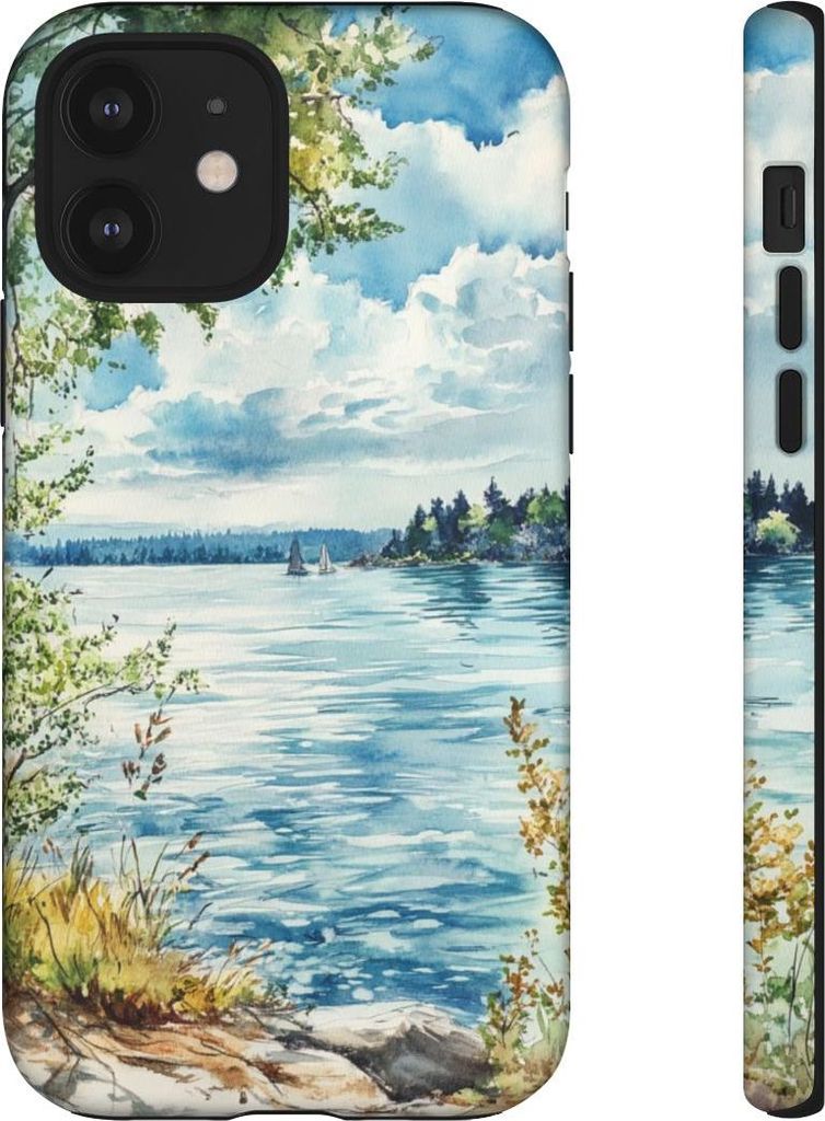 Aquarell-See mit Bäumen und Segelbooten – Hülle Kompatibel mit iPhone 12