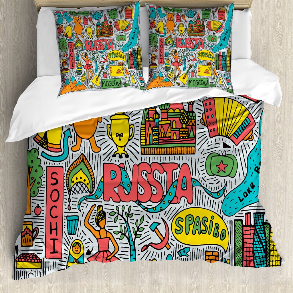 ABAKUHAUS Russland Bettbezug Set für Einzelbetten, Russland Art Zeichen, Milbensicher Allergiker geeignet mit Kissenbezug, 200 cm x 200 cm - 80 x ...