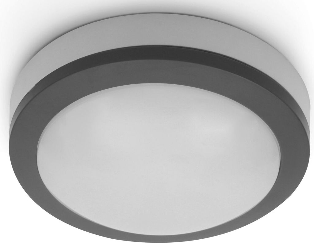 A close-up, studio shot of a round, flush-mount LED ceiling light with a dark gray trim and a white diffuser.
