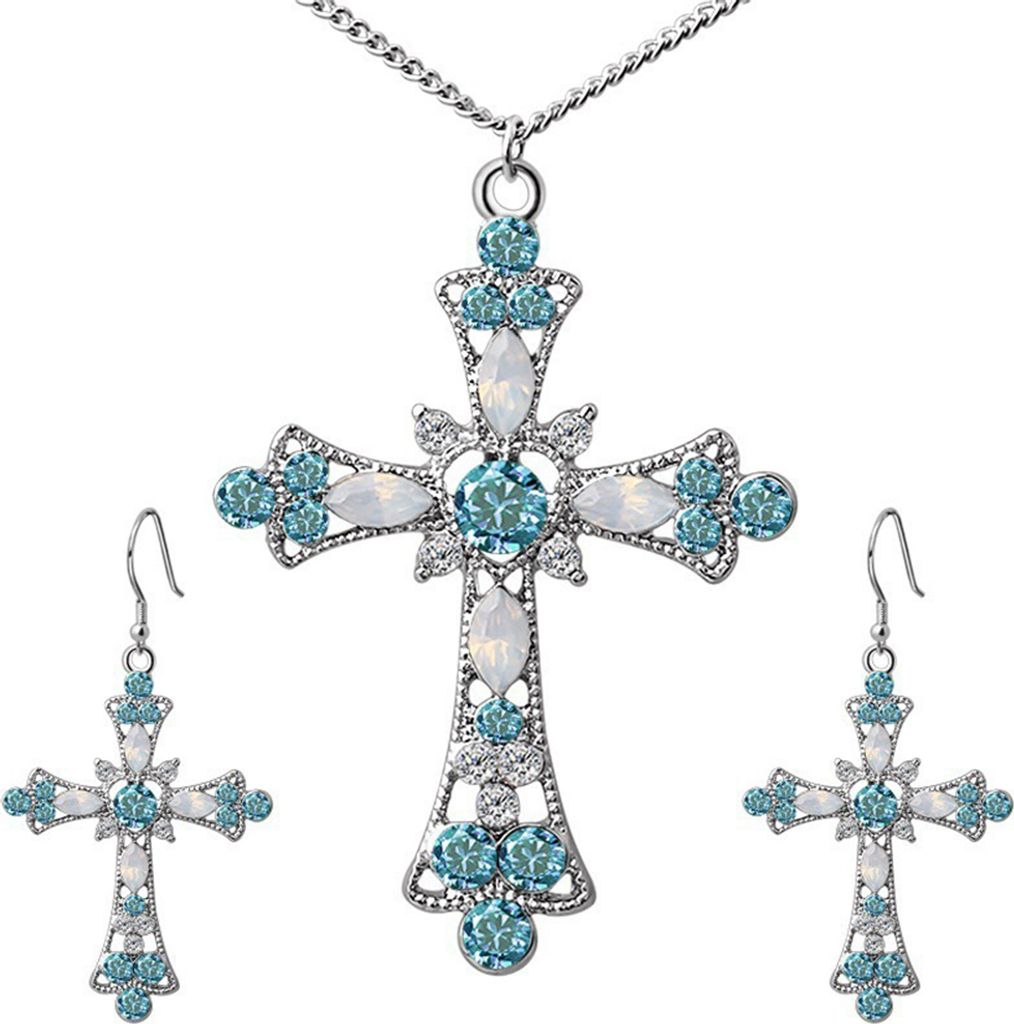 Damen-Schmuckset mit Strass-Intarsien, Kreuz-Anhänger, Kette, Halskette, Haken, Ohrringen-Blau und Silber