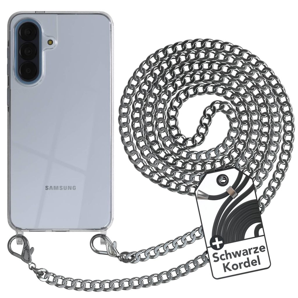 EAZY CASE Metall Handykette für Samsung Galaxy A57, Handyhülle mit Umhängeband, Silikonhülle, Metallkette für Smartphone in Silber