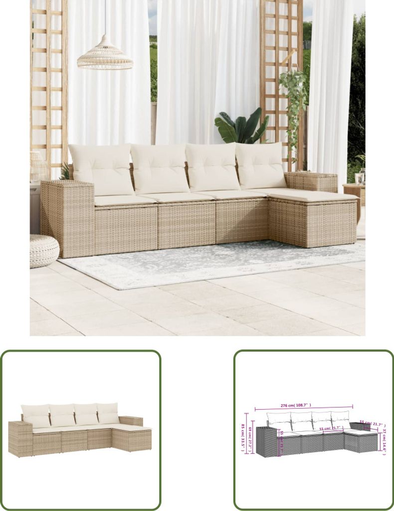 The Living Store 5-tlg. Garten-Sofagarnitur mit Kissen Beige Poly Rattan
