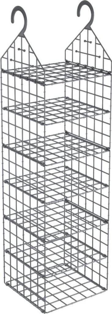 A wireframe hanging storage organizer with multiple shelves and two hooks for hanging.