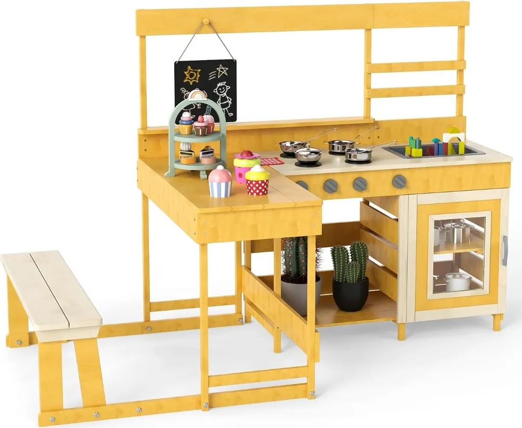 Cuisine enfant bois de sapin robuste avec table pique-nique pour jardin