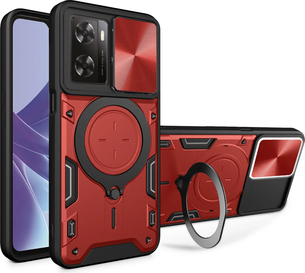 Custodia per Oppo A57 5G / OnePlus Nord N300 custodia resistente a doppio strato con copertura della fotocamera e supporto circolare ad anello Rosso