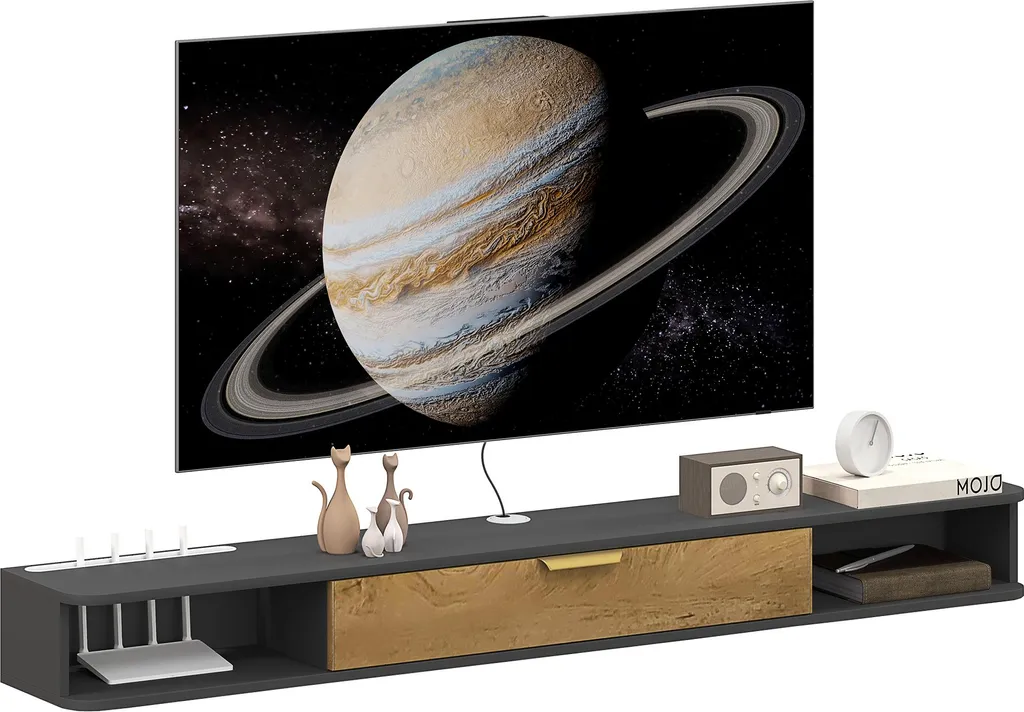 Meuble télé suspendu gris avec passe-câbles et rangements ouverts 160 cm