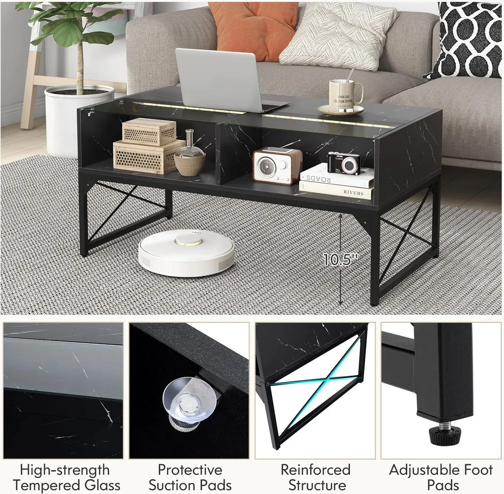 Table basse LED pour salon sombre : Solution design verre et marbre noir - 4