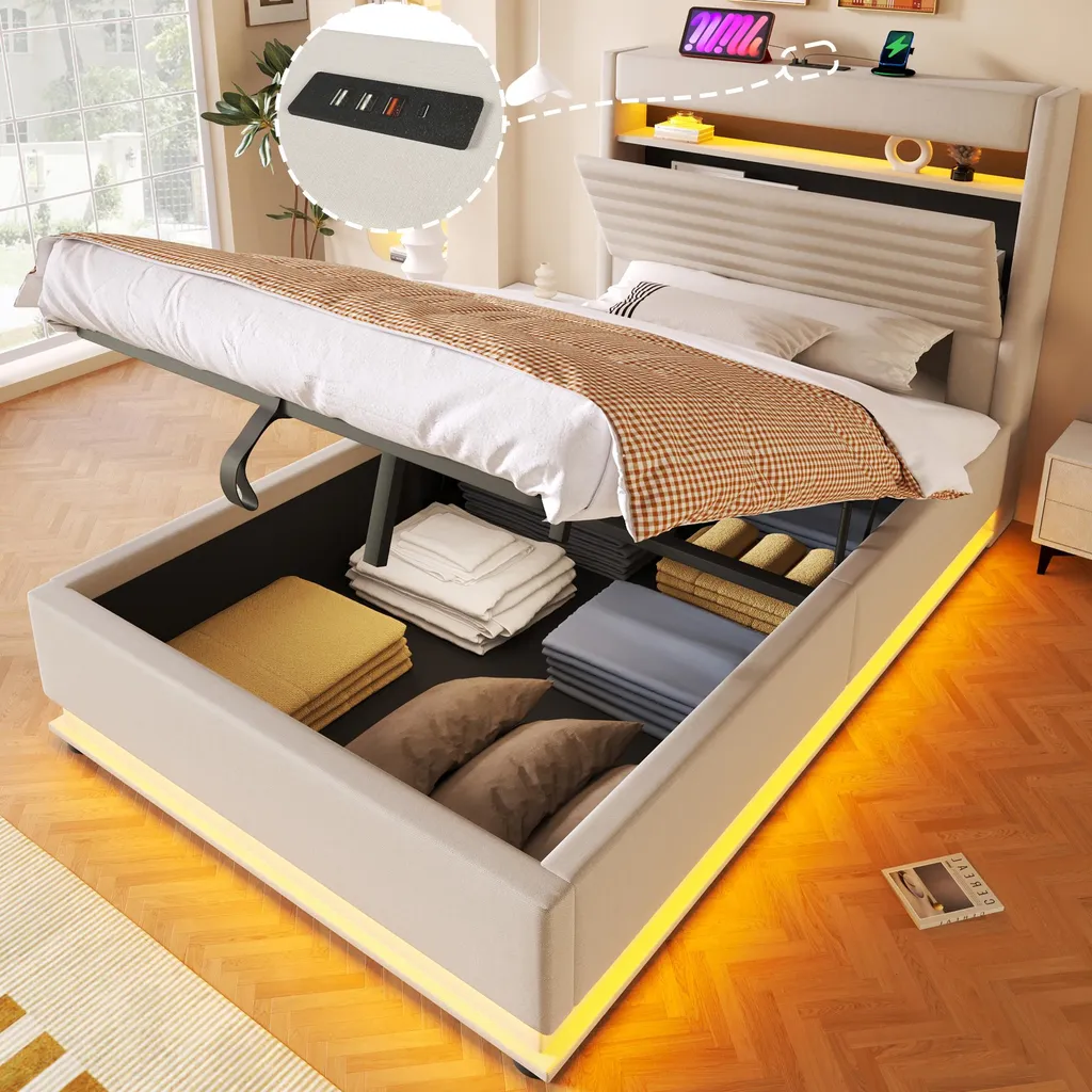 Optimisez la chambre enfant avec ce lit rangement USB-C et LED beige