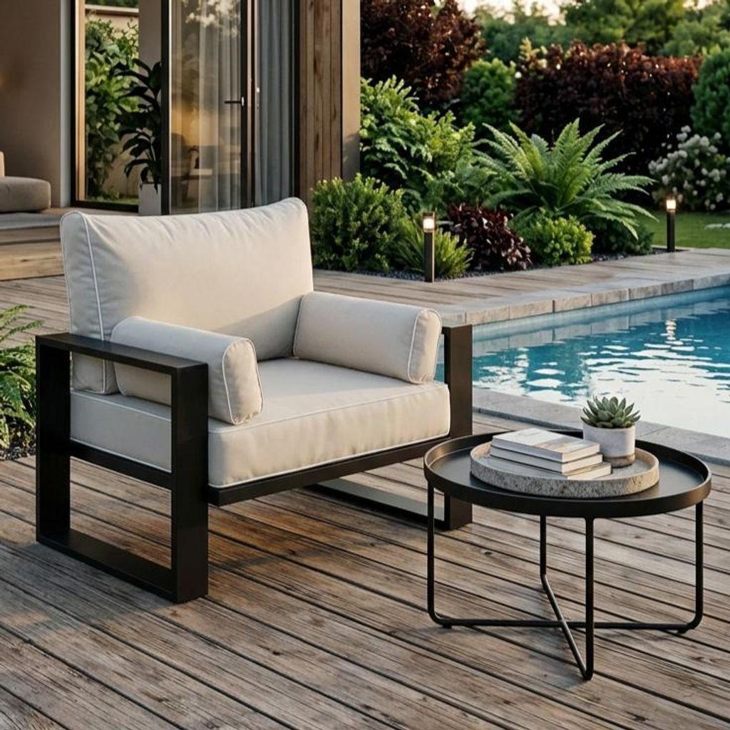 BEAUTYSOFA | VERDINO Gartensessel Beige – Gartenstuhl Lounge mit Metallrahmen, Outdoor Sessel wetterfest, Polyrattan SIMAX 42