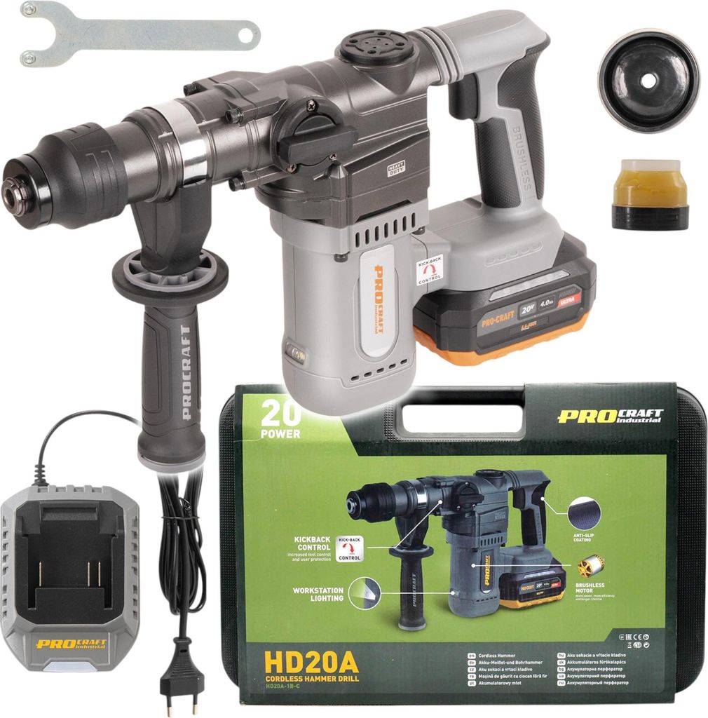 Procraft Industrial HD20A Akku Bohrhammer 20 V 3,8 J Brushless + 1x Akku 4,0 Ah + Ladegerät + Koffer