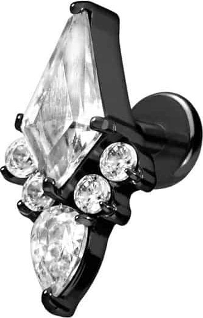 Ohrpiercing, Nasenpiercing Titan Labret mit Push Fit KRISTALLSCHILD Schwarz Stablänge: 5mm | Stabstärke: 1,2mm
