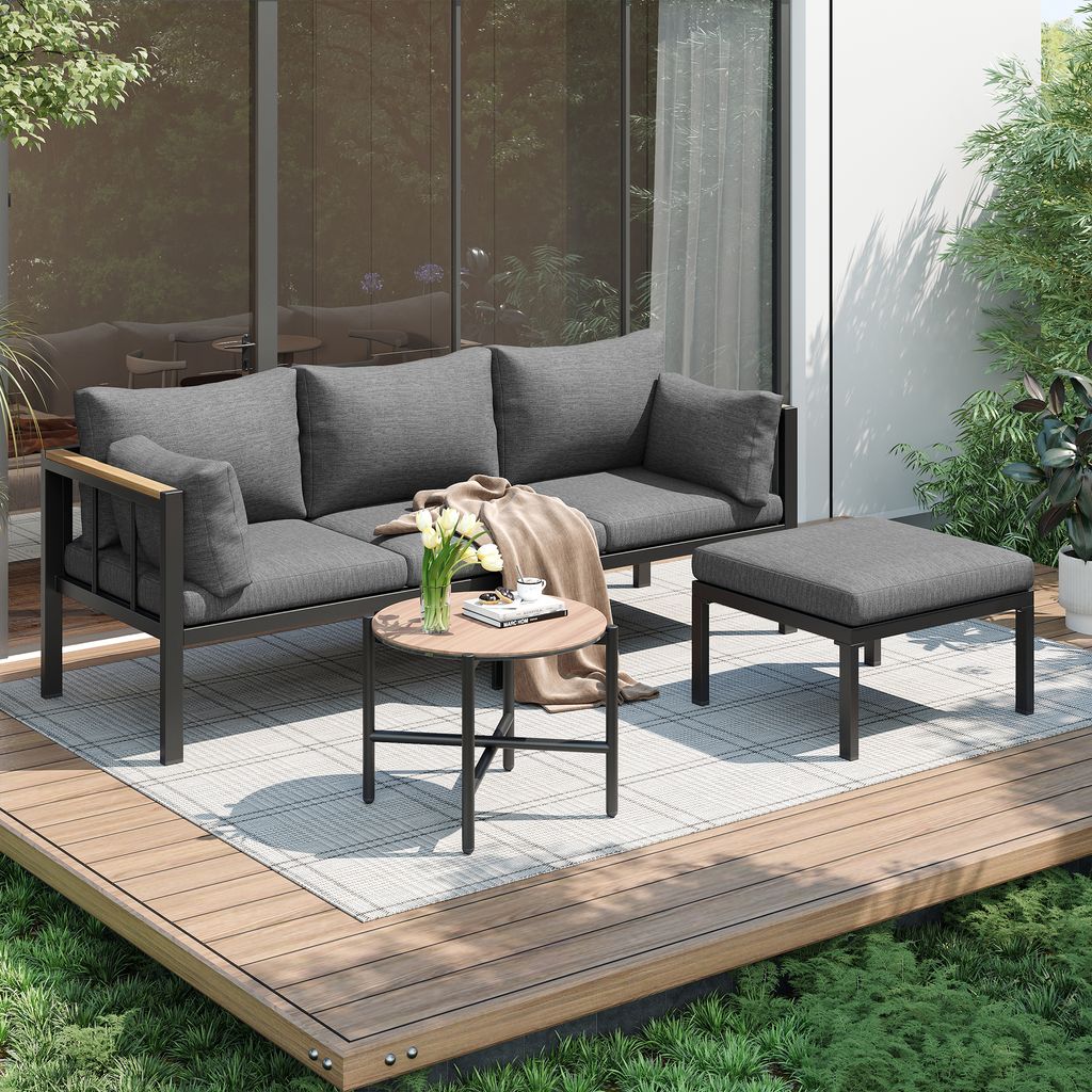 Flieks Gartenlounge-Set 4 Personen, Balkonmöbel Gartenmöbel 3-tlg., Gartensofa mit Gartentisch & Hocker, Tisch mit Glasplatte, Loungegartenmöbel...