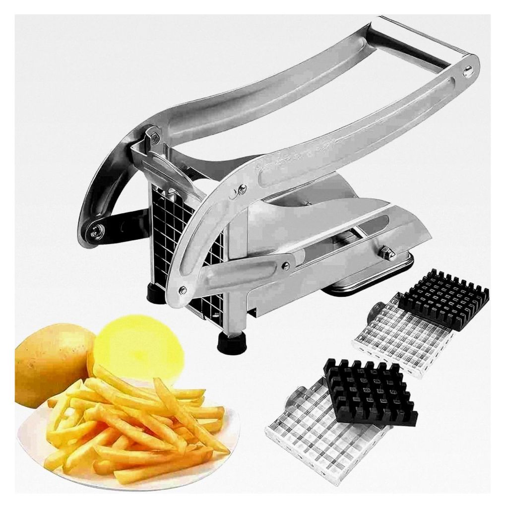 Pommesschneider aus Edelstahl mit 2 Klingen, Frittenschneider für Kartoffeln mit rutschfester Saugnapftechnologie