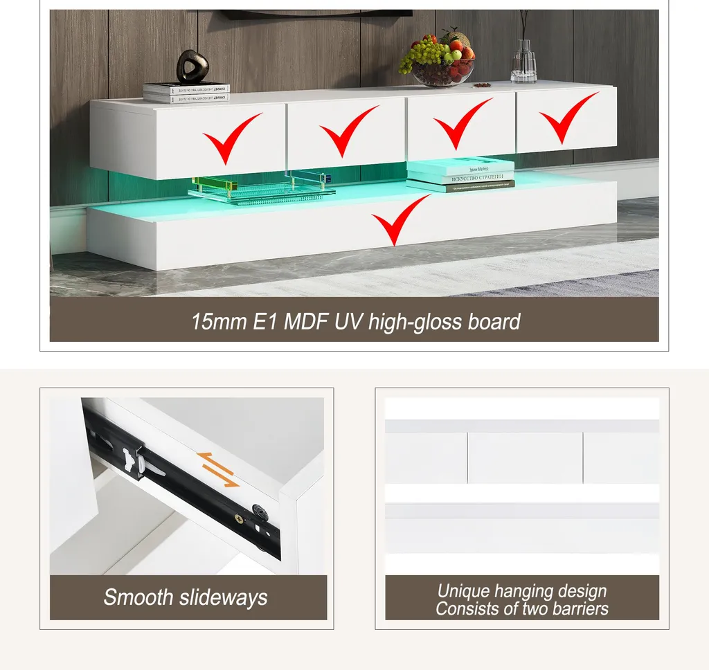 Support TV suspendu blanc avec éclairage LED et 4 grands tiroirs - 5