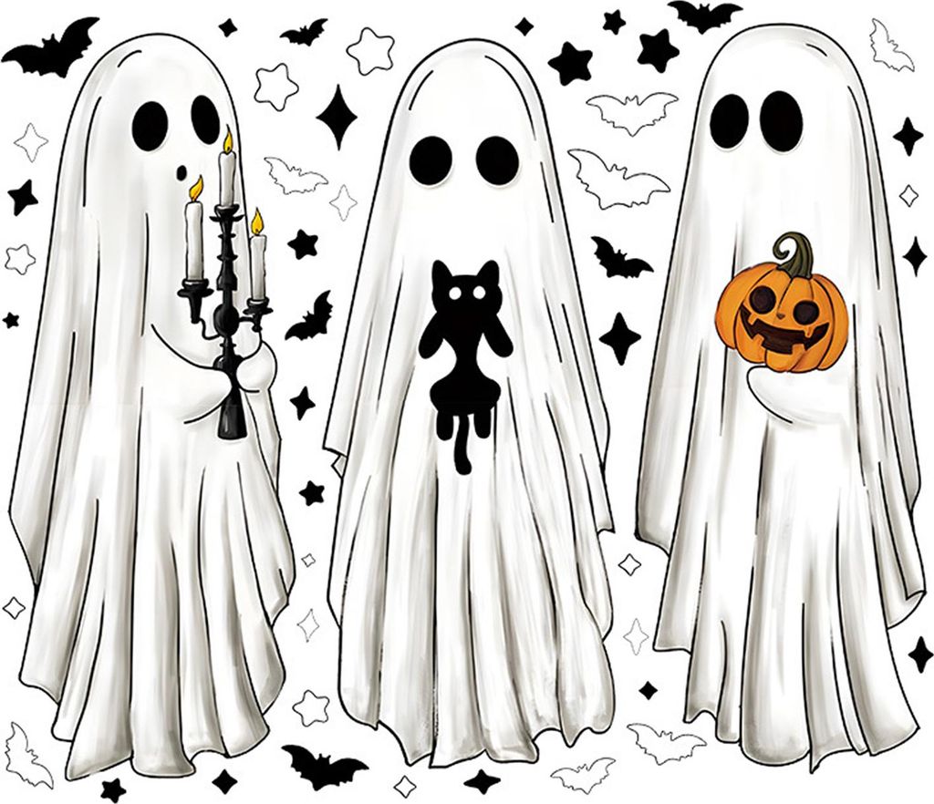 6 Bögen Halloween-Fensteraufkleber mit großen Geistern, gruseliger Fledermaus, schwarzer Katze, Kürbis-Aufkleber, doppelseitige PVC-Aufkleber f...