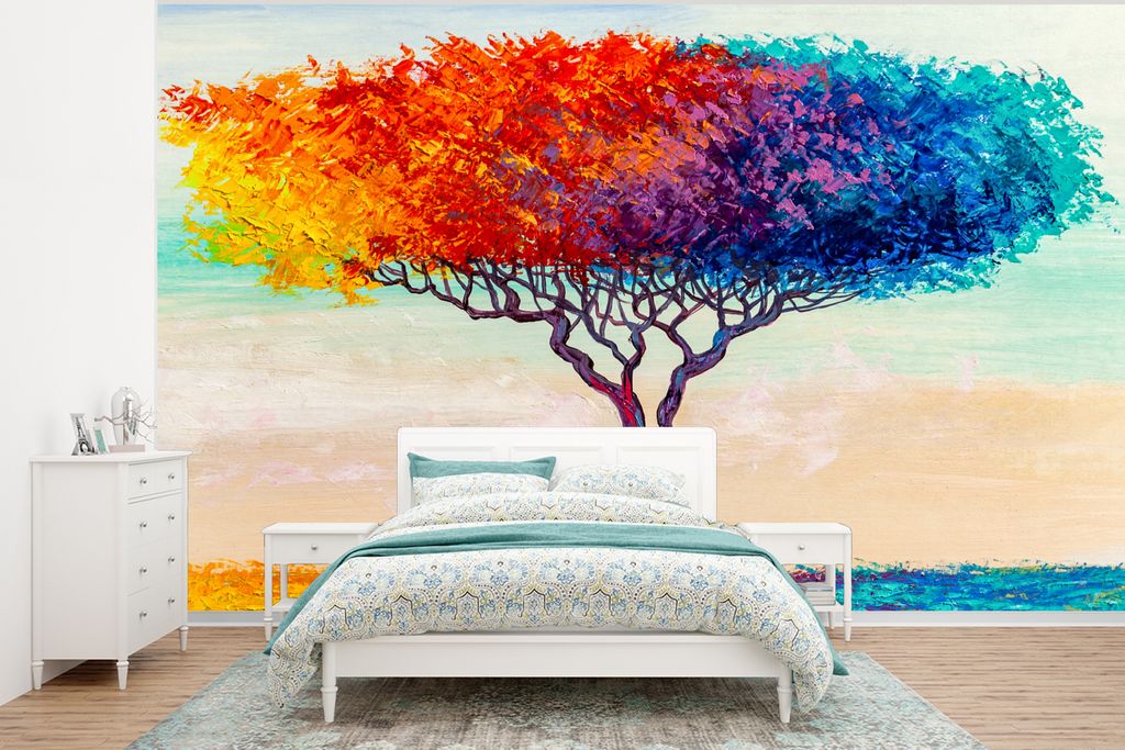 MuchoWow Fototapete für Wohnzimmer oder Schlafzimmer Wandtapete Vinyl Motivtapete Gemälde - Ölfarbe - Baum - Regenbogen - 320x240 cm - Tapeten