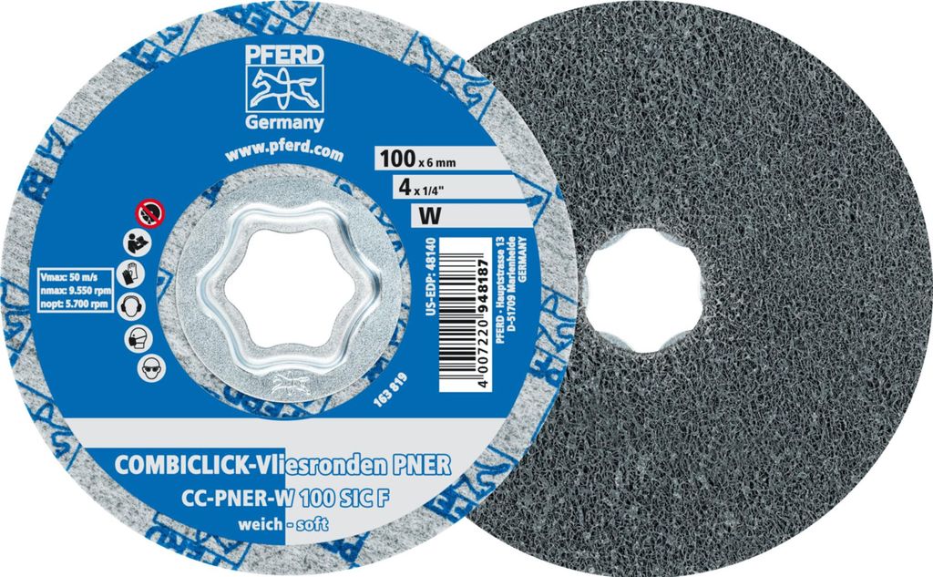 PFERD TOOLS COMBICLICK verpresste Vliesronde CC PNER Ø 100mm Weich SIC Fein für Finish 5 Stk