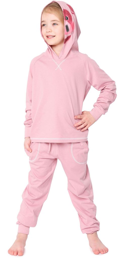 Ladeheid Kinder Mädchen Jungen Langarm Schlafanzug aus Baumwolle Tierkostüm Pyjama bunt mit Tiermotiv Verkleidung mit Kapuze LA40-236 (Rosa Schwe...