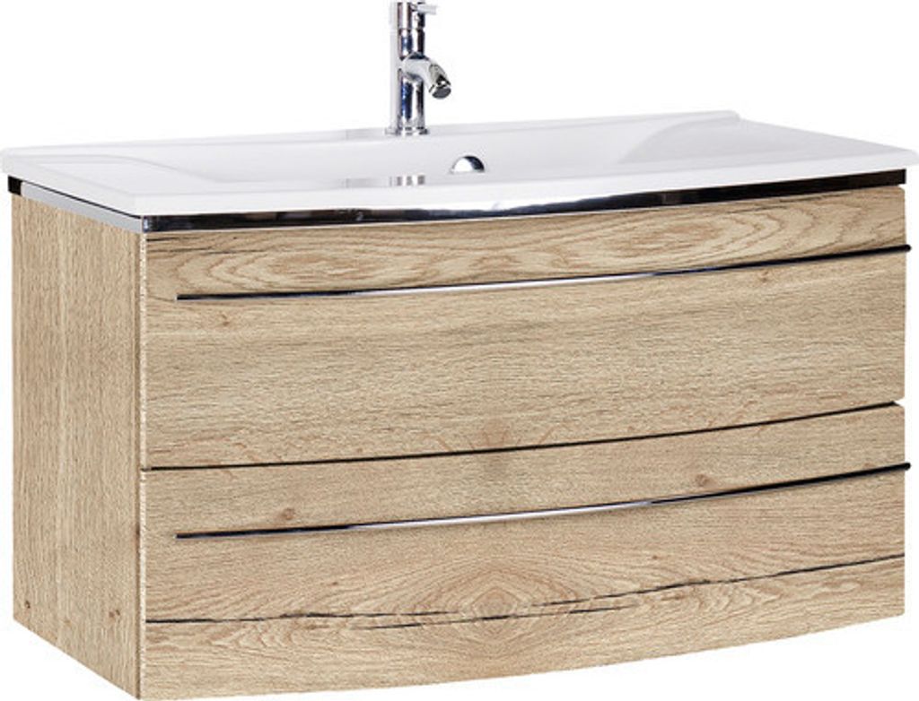 Marlin Badmöbel-Set 3040 BxHxT 92,4 x 90 x 48 cm Frontfarbe eiche natur mit Waschtisch Mineralmarmor weiß Griff chrom CP