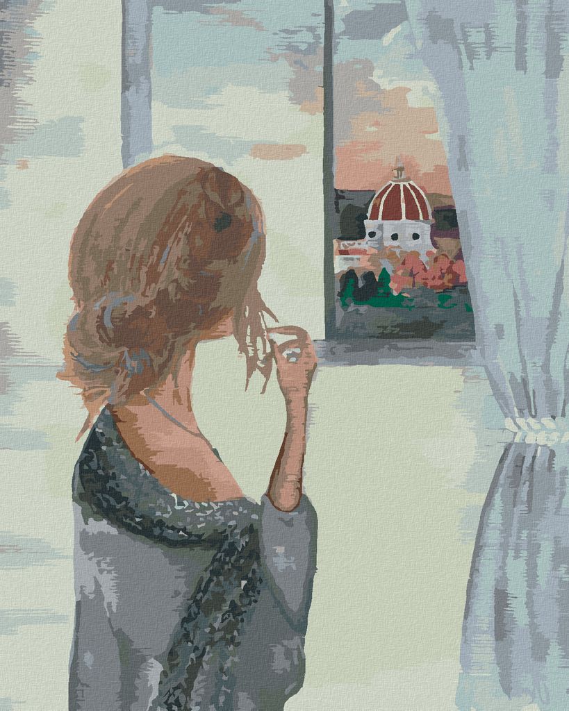 Zuty - Malen nach Zahlen - FRAU AM FENSTER MIT BLICK AUF DIE KATHEDRALE SANTA MARIA, 40x50 cm, mit Keilrahmen (bereits gespannt)