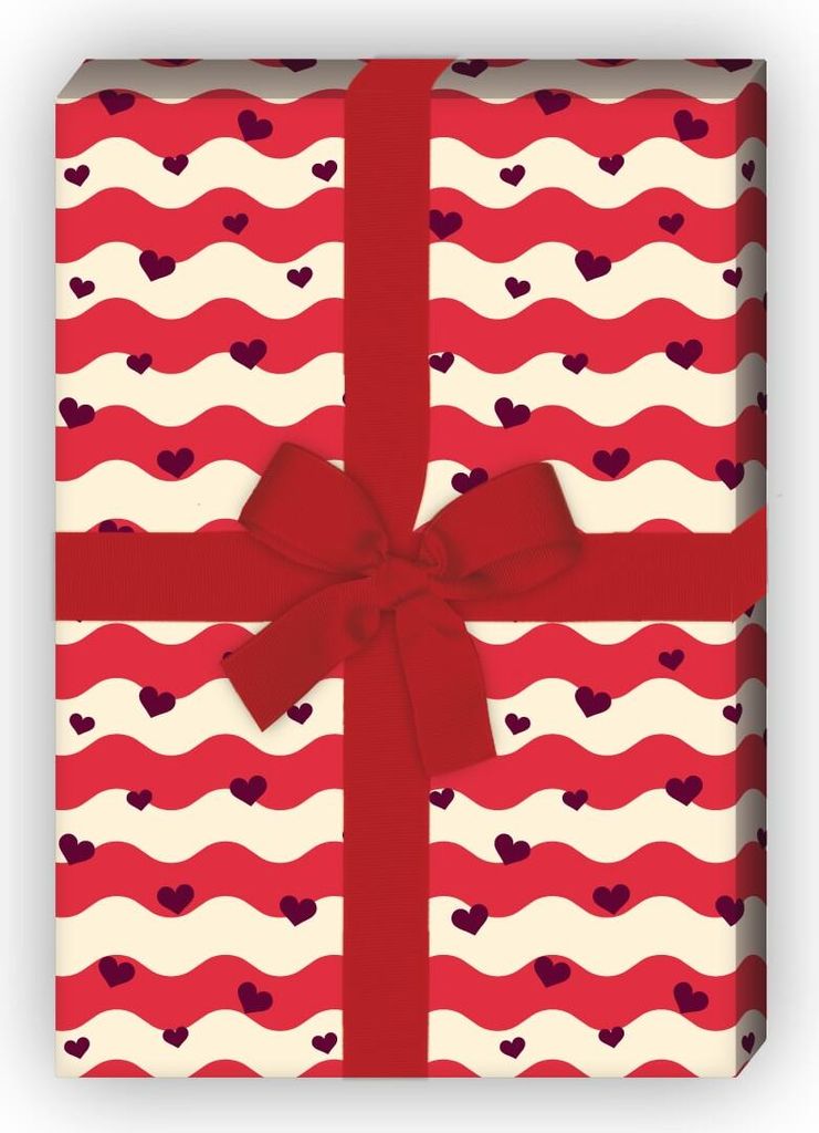 Romantisches Liebes Geschenkpapier mit Herzen auf Wellen, rot - G7634, 32 x 48cm