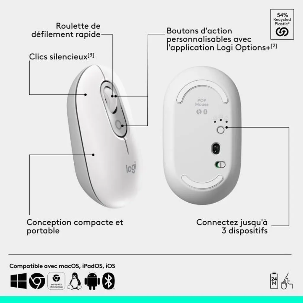 Mouse Logitech Pop Wireless Bianco: Produttività Bluetooth e FLOW - 6