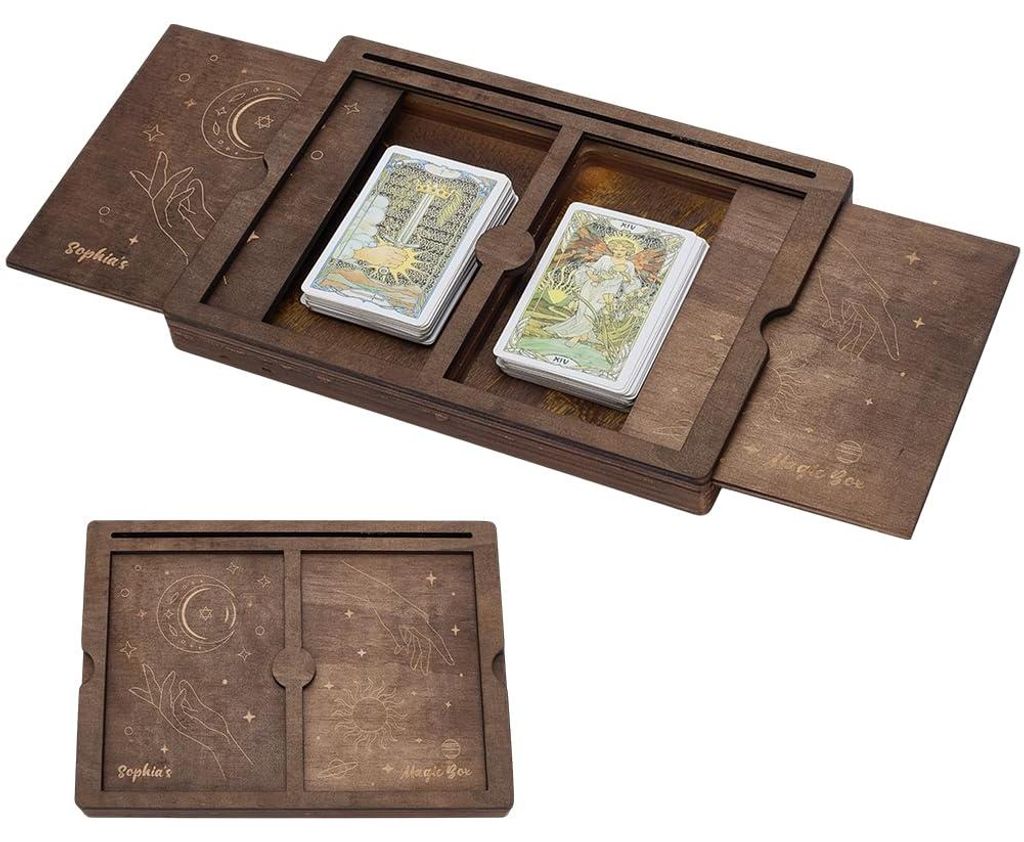 Schiebebox aus Holz für Tarotkarten, 24 x 17 x 3 cm, kokosnussbraun. Rechteckige Holzbox für Tarotkarten mit Mond- und Sonnenmotiv. Schiebebox.