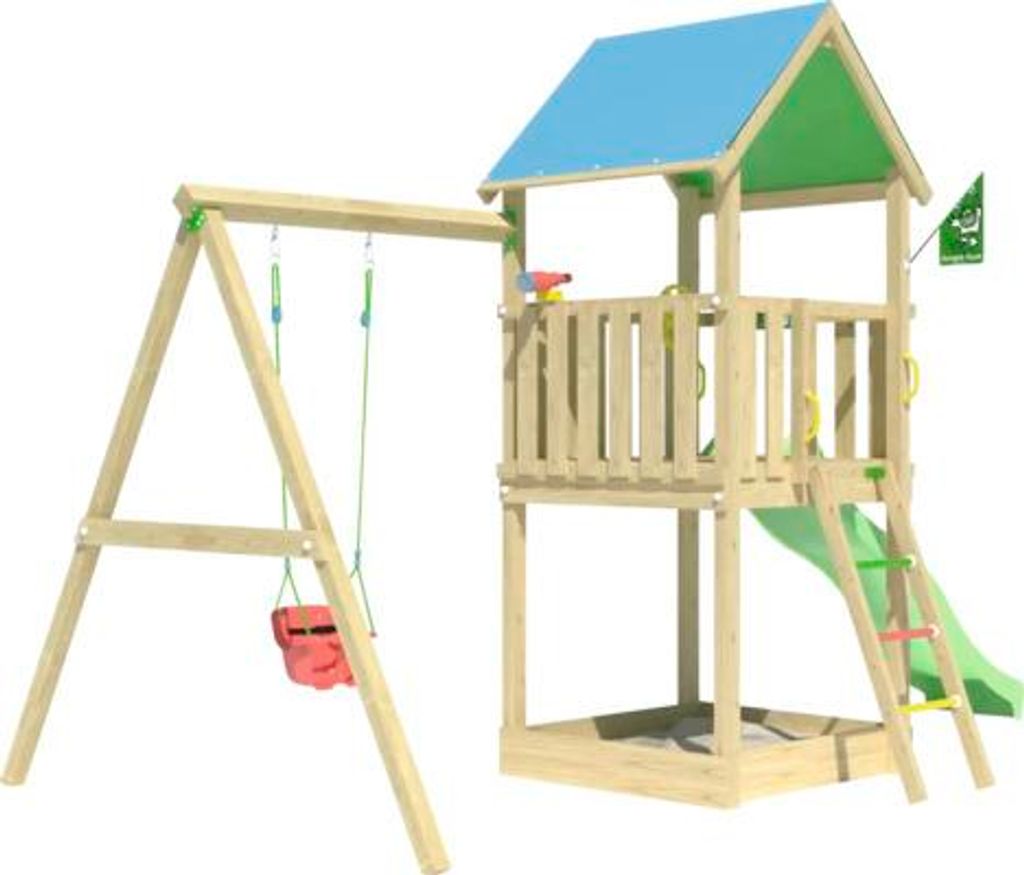 Einzelschaukel Spielhaus mit Stelzen Jungle Gym 444 x 267 cm Holz bestehend aus Fahne, Fernrohr, Grundturm, Handgriff, K