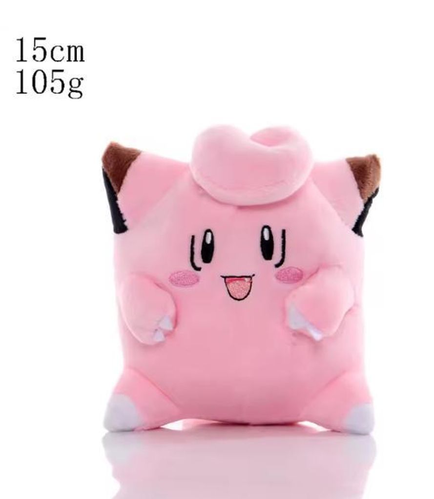 A pink plush toy of a Pokemon character, likely Clefairy, is shown against a white background. Text indicating size and weight is present in the top-left corner.